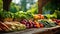 the colorful array of fresh fruits, vegetables, and greens on display at a bustling farmer& x27;s market. The scene brims