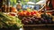 the colorful array of fresh fruits, vegetables, and greens on display at a bustling farmer& x27;s market. The scene brims