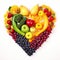 Colorful array of fruits and vegetables shaped like a heart, Ai Generated