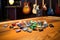 colorful array of new guitar picks scattered on wooden music desk