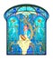 Colorful Art Nouveau stained glass window. Illustration of beautiful girl playing tambourine. Jugendstil architectural style.