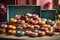 colorful artisan donuts arranged in a box. ai generative