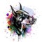 Colorful artistic doberman dog muzzle with bright paint splatters on dark background