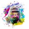 Colorful artistic gorillas monkey muzzle with bright paint splatters on abstract background