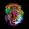 Colorful artistic leopard  muzzle with bright paint splatters on dark background