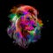 Colorful artistic lion  muzzle with bright paint splatters on dark background