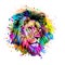 Colorful artistic lion muzzle with bright paint splatters on white background splatters on white background.