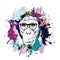 Colorful artistic monkey`s head in eyeglasses on background with colorful creative elements t