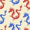 Colorful Asian dragons hand drawn vector illustration. Medieval mythology animal seamless pattern.