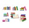 Colorful assorted books on shelves and stacked, open book on pile. Education, library, and reading concept vector