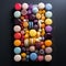 Colorful assorted flavored French macarons desserts on dark background flat lay top view.