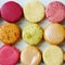 Colorful assorted round macaron cookies