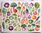 Colorful assorted vegetable stickers for, organic produce store menu design background