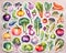 Colorful assorted vegetable stickers for, organic produce store menu design background, generated by AI