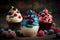 A colorful assortment of cupcakes with swirled cream frosting and berries including vanilla, chocolate, blueberry, and raspberry.