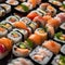 A colorful assortment of sushi rolls on a sushi boat1