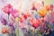 Colorful Assortment of Watercolor Flowers in an Ethereal Garden Scene