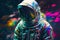 Colorful astronaut. Cosmonaut party. Generative AI