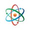 Colorful Atom vector icon. Symbol of science, education, nuclear physics, scientific research. Three electrons rotate in orbits ar