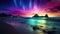 A colorful aurora over the ocean and rocks, AI
