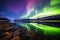 colorful aurora reflected in tranquil waters of an arctic lake