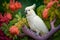 Colorful Australian Cockatoo Parrot in Tropical Rainforest with Exotic Plants and Flowers. Generative AI