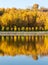 Colorful autumn. Alley along the riverbank on the background of the autumn park. Reflections in the river