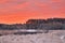 Colorful autumn dawn. Red sky and clouds. First snow in the autumn forest