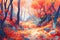 Colorful autumn forest with winding narrow path. Generative AI illustration in storybook style
