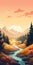 Colorful Autumn Hills And Mountains Illustration In Cartoon Style