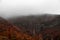 Colorful autumn landscape of the mountain hills. Foggy background hill. Fall colors countryside