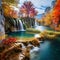 Colorful autumn landscape with waterfalls and tree colors