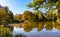 Colorful autumn landscape with yellow, orange and red tree leaves and pond in Royal Lazienki Krolewskie park in Warsaw in Poland