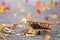 Colorful autumn leaves blowing across an airplane