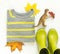 Colorful autumn leaves, kids rain boots, stripe sweater, toy dinosaurs. Autumn background. Thanksgiving day concept. Autumn outfit