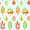 Colorful autumn leaves variety different shapes, hand painted watercolor illustration, seamless pattern on blue