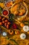 Colorful autumn picnic with staffed meatballs, flatbread, appetizers and olives