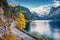 Colorful autumn scene of Vorderer  Gosausee  lake. Picturesque morning view of Austrian Alps, Upper Austria, Europe. Traveling