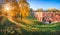 colorful autumn trees and the brick bridge in Tsaritsyno