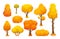 Colorful autumn trees. Cartoon yellow fall tree and autumnal garden bush for landscape background vector set