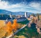 Colorful autumn view from flying drone of Kapelle Cappella di castel Lamberto castel.