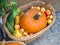Colorful autumnal pumpkin basket background on the street