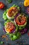 Colorful Avocado Stuffed with Fresh Vegetables and Seasonings on a Dark Textured Background, Healthy Vegan Meal Concept