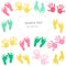 Colorful baby footprint and hands kids greeting card