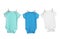 Colorful baby onesies hanging on clothes line against white background