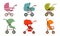 Colorful Baby Strollers Collection, Different Types of Children Transport Vector Illustration on White Background