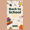 Colorful back to school sale offer vertical social media template with different studying supplies - books stack, paint