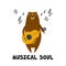 Colorful background with bear, music notes, english text. Musical soul. Decorative cute illustration with animal, guitar