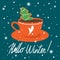 Colorful background, cup, gingerbread, snow. Decorative cute backdrop. Merry Christmas, festal greeting card. Hello winter