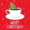 Colorful background with cup, gingerbread, snow and english text. Decorative cute backdrop. Merry Christmas, festal greeting card